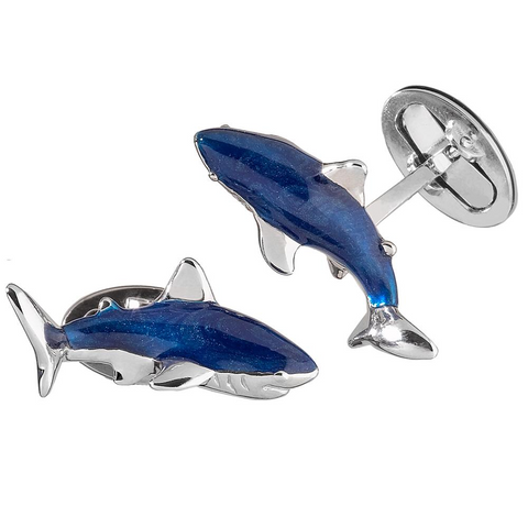 Jan Leslie Blue Great White Circling Shark Cufflinks with Hand-Painted Enamel