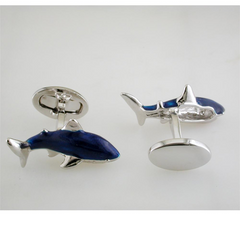 Jan Leslie Blue Great White Circling Shark Cufflinks with Hand-Painted Enamel