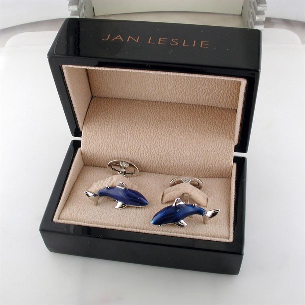 Jan Leslie Blue Great White Circling Shark Cufflinks with Hand-Painted Enamel