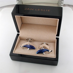 Jan Leslie Blue Great White Circling Shark Cufflinks with Hand-Painted Enamel