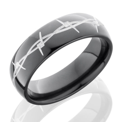 Lashbrook 7mm Black Zirconium Domed Men's Wedding Band Ring with Barbed Wire Pattern