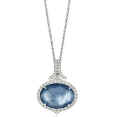 Doves Ivory Sky Blue Lapis, Mother of Pearl, & Topaz Diamond Halo Oval Pendant Necklace