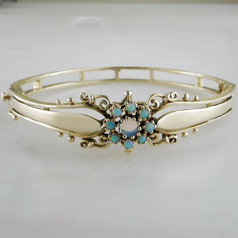 Vintage Estate 14K Yellow Gold Opal Hinged Bangle Bracelet