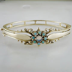 Vintage Estate 14K Yellow Gold Opal Hinged Bangle Bracelet