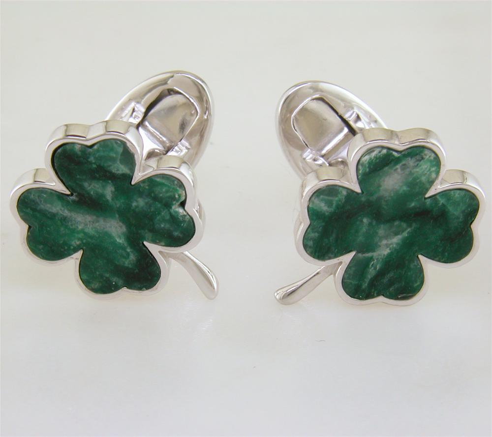 Jan Leslie Four Leaf Clover Silver Cufflinks in Italian Green Chalcedony