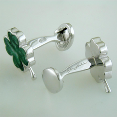 Jan Leslie Four Leaf Clover Silver Cufflinks in Italian Green Chalcedony