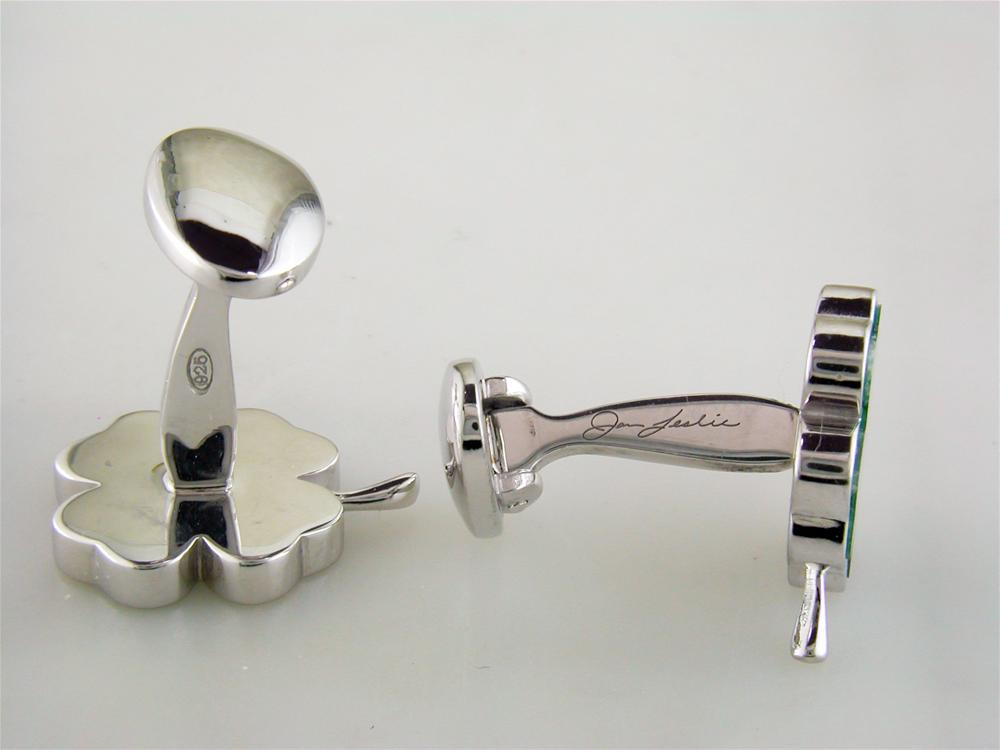 Jan Leslie Four Leaf Clover Silver Cufflinks in Italian Green Chalcedony