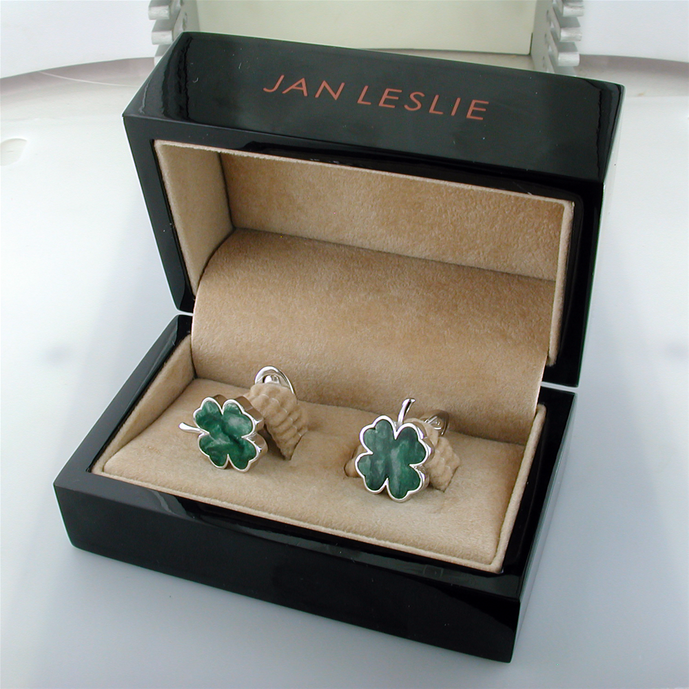 Jan Leslie Four Leaf Clover Silver Cufflinks in Italian Green Chalcedony
