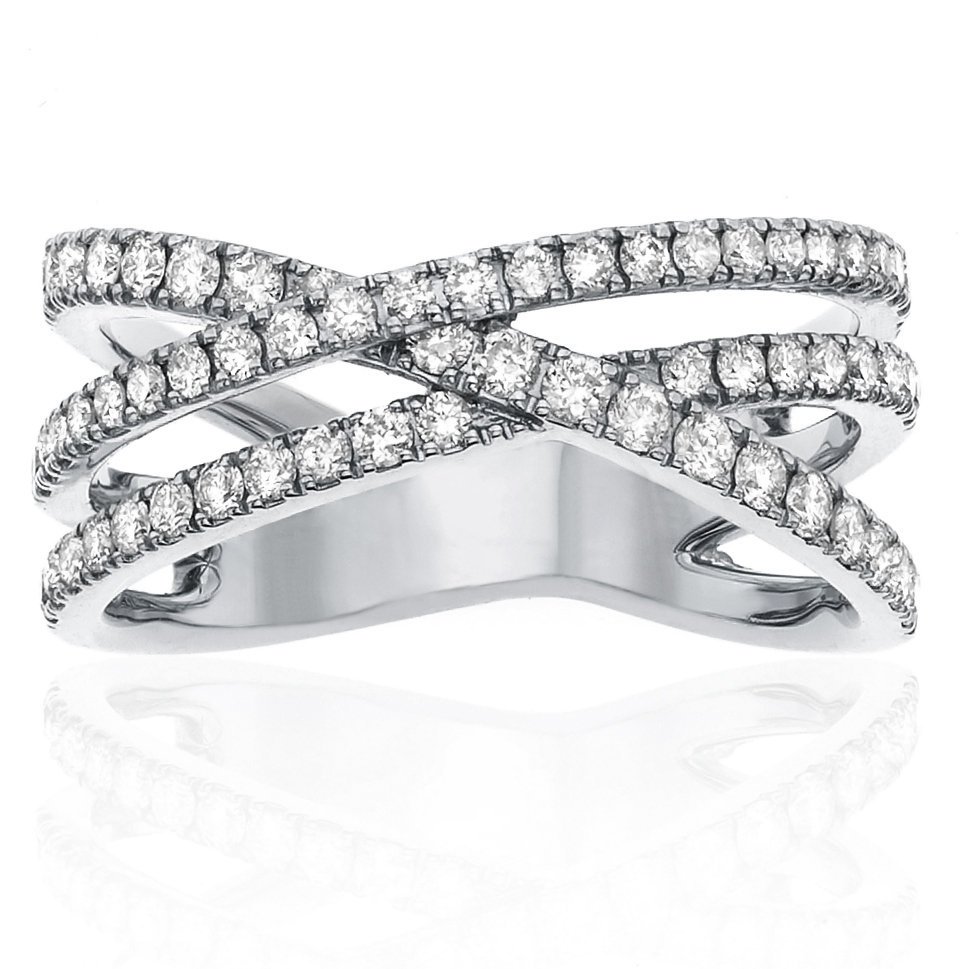 Diamond Crossover Band Ring Three Rows in 14K White Gold