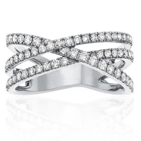 Diamond Crossover Band Ring Three Rows in 14K White Gold