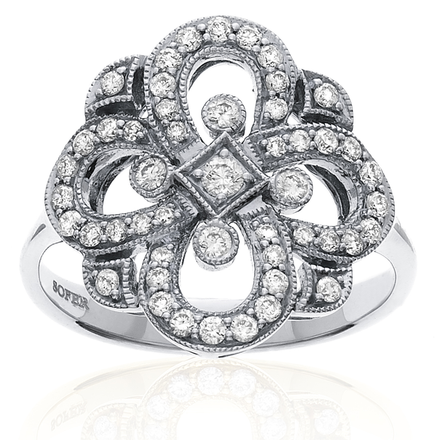 Right Hand Clover Swirl Diamond Ring in 14K White Gold