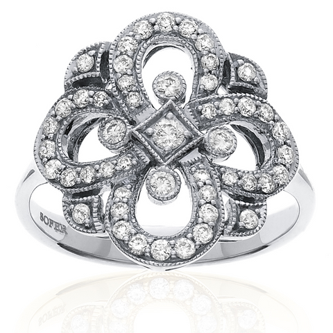 Right Hand Clover Swirl Diamond Ring in 14K White Gold