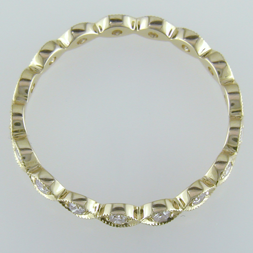 Diamond Leaf Eternity Milgrain Wedding Band Ring in 14K Yellow Gold