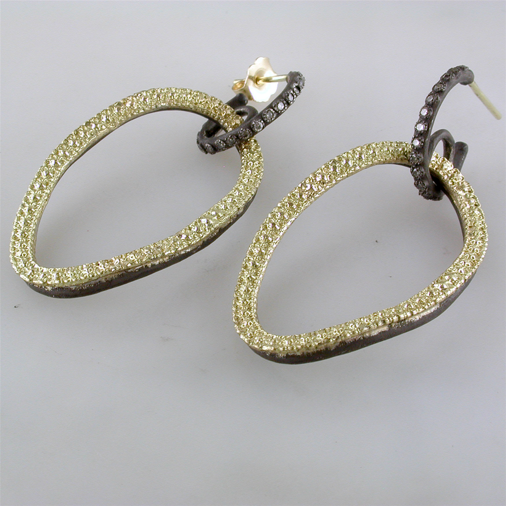Armenta Open Oval Circle Link Drop Champagne Diamond Earrings Silver & Gold