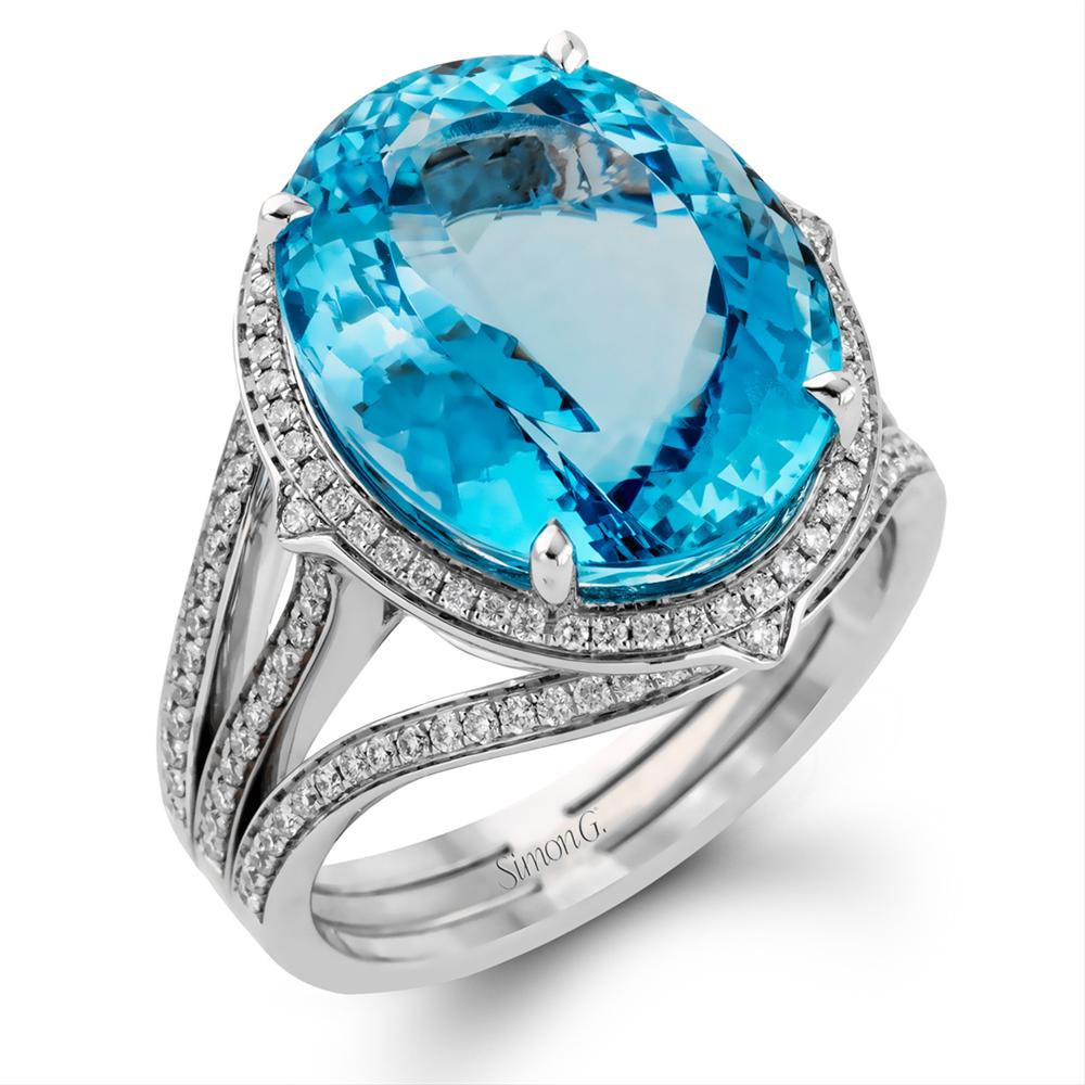 Simon G. Aquamarine Cocktail Ring with Diamonds in White Gold MR2471
