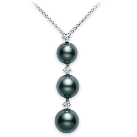 Mikimoto Three Black South Sea Pearl & Diamond Drop Pendant Necklace
