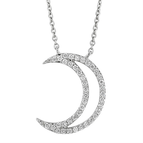 A. Link 18k White Gold Small Diamond Crescent Moon Pendant Necklace "