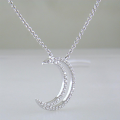 A. Link 18k White Gold Small Diamond Crescent Moon Pendant Necklace "