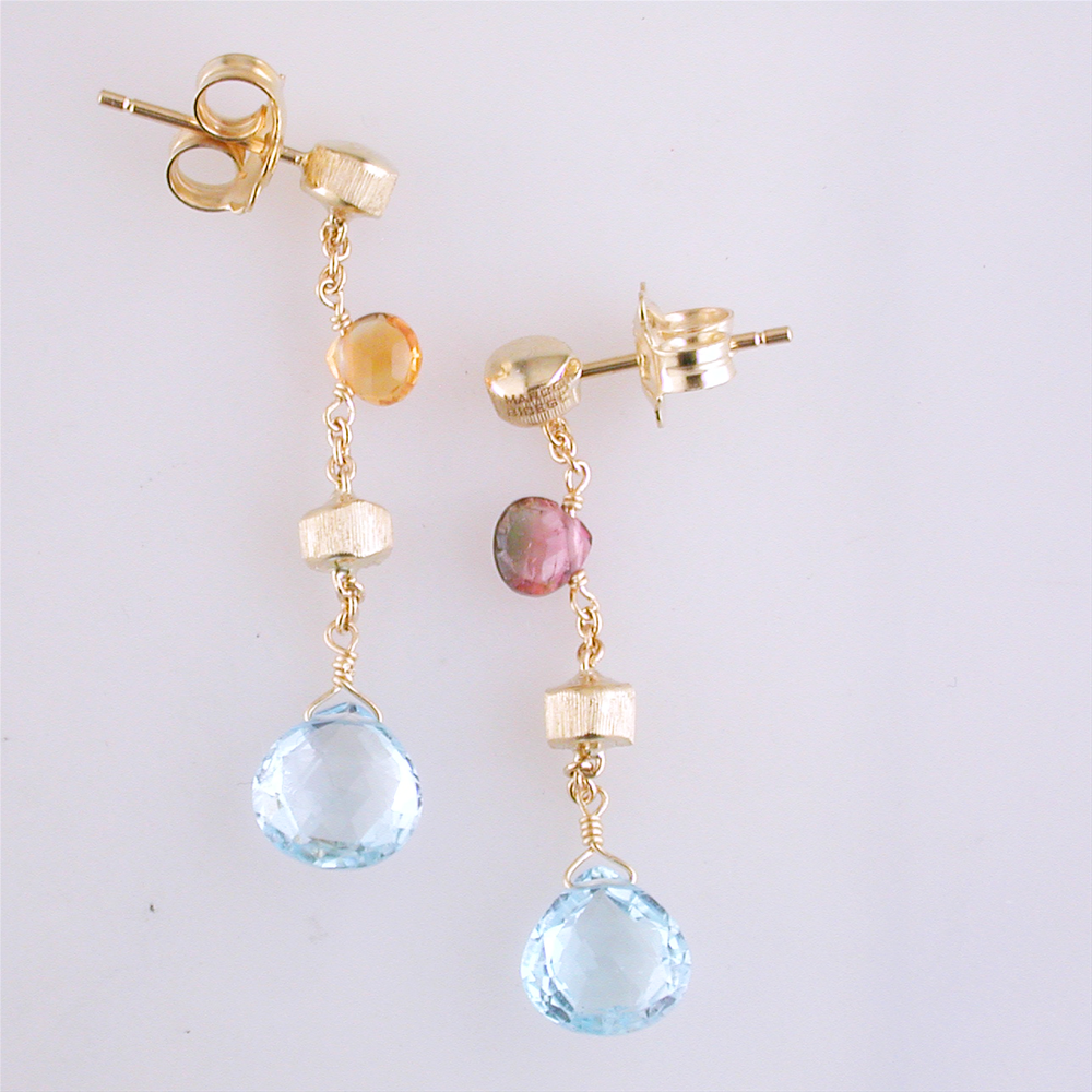 Marco Bicego Paradise Single Drop Color Gemstone Yellow Gold Earrings Blue Topaz Amethyst Citrine OB1430