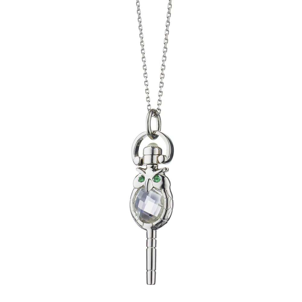Monica Rich Kosann Mini "Wisdom" Owl Necklace, Rock Crystal Sterling Silver Pocket Watch Key Necklace on 17" Chain 47347-17
