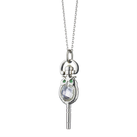 Monica Rich Kosann Mini "Wisdom" Owl Necklace, Rock Crystal Sterling Silver Pocket Watch Key Necklace on 17" Chain 47347-17