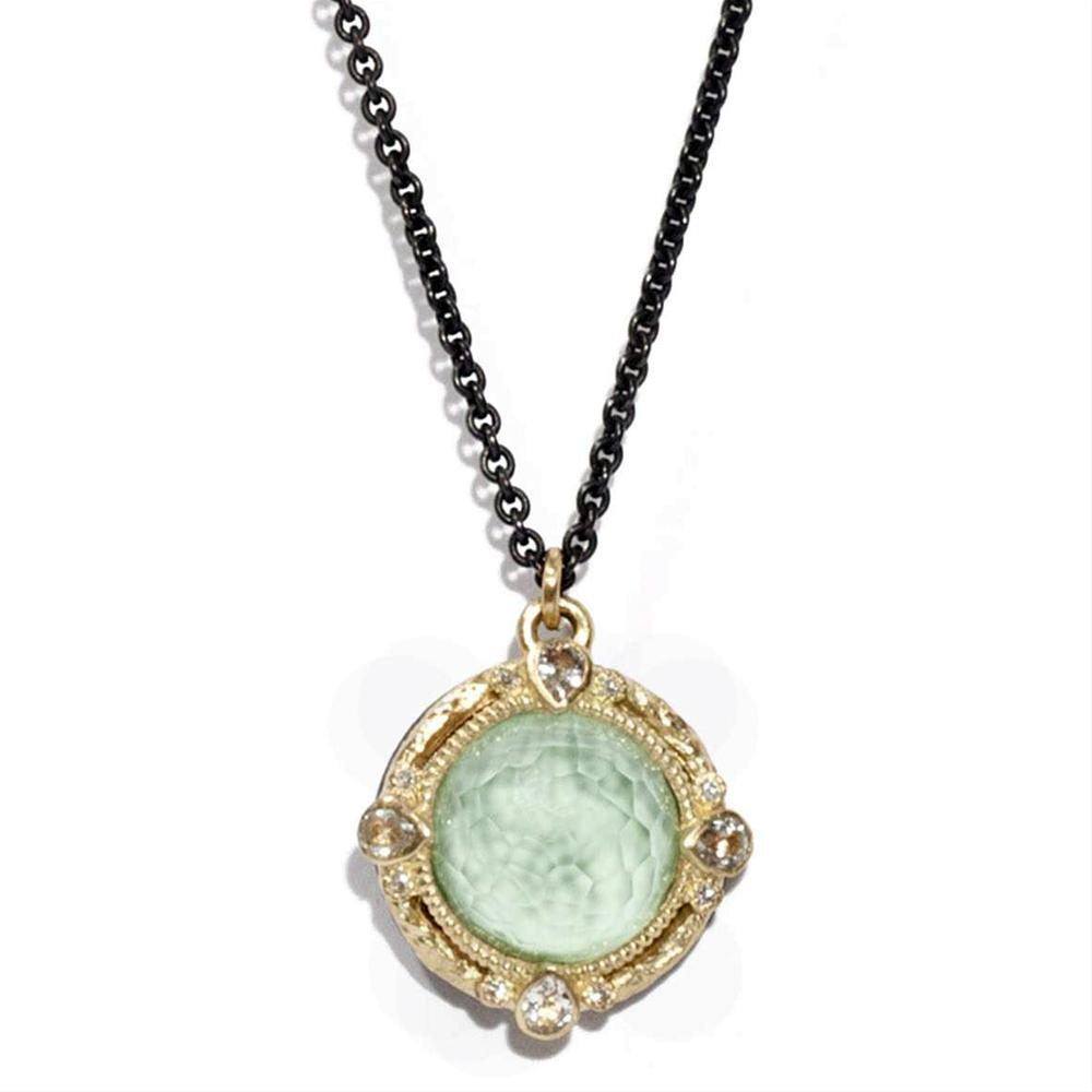 Armenta Round Enhancer with Green Turquoise & Quartz Doublet Oxidized Silver & Yellow Gold Necklace