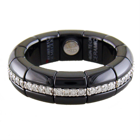 Roberto Demeglio Pura Black Ceramic Diamond Eternity Elastic Ring Band High Polish