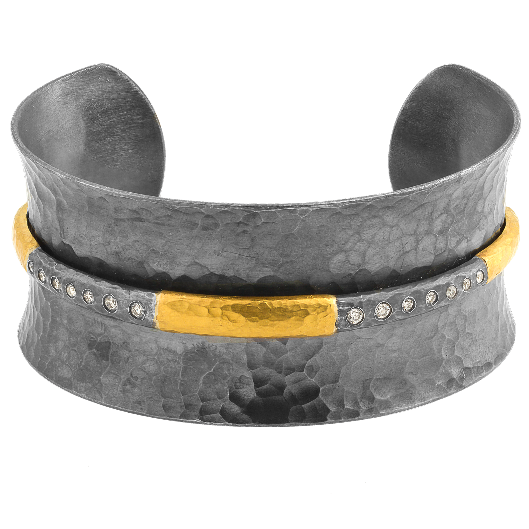 Lika Behar "Ancora" Open Cuff Bracelet Oxidized Silver 24K Gold Diamonds