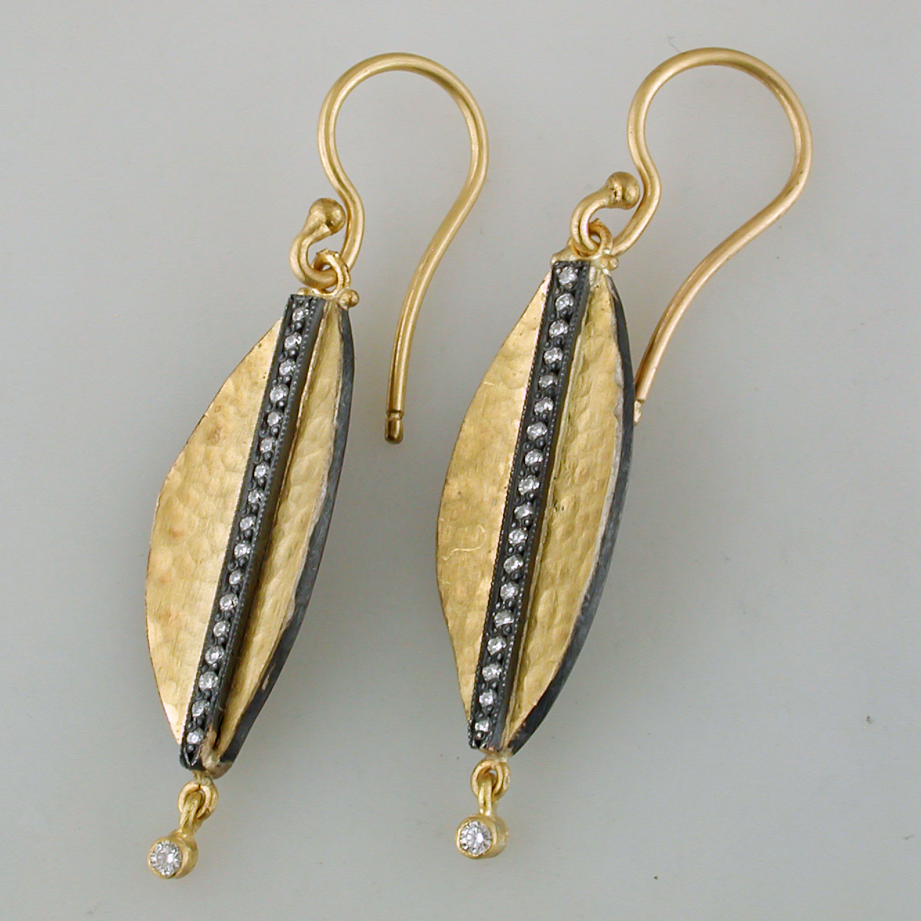 Lika Behar "Laurier" Feather Dangle Earrings in 24K Gold & Oxidized Silver
