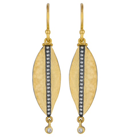 Lika Behar "Laurier" Feather Dangle Earrings in 24K Gold & Oxidized Silver