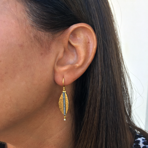 Lika Behar "Laurier" Feather Dangle Earrings in 24K Gold & Oxidized Silver
