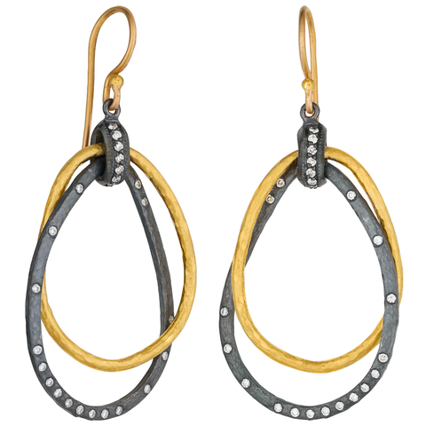 Lika Behar "Kelly" Triple Teardrop Dangle Earrings Sterling & 24K Gold with Diamonds