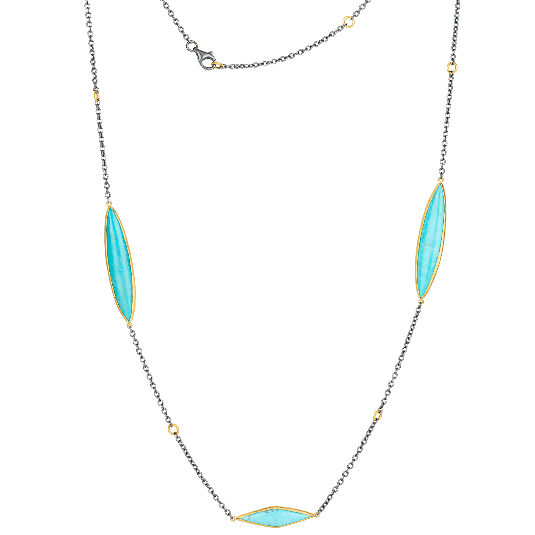 Lika Behar "Kara" Necklace with Marquise Kingman Turquoise Silver 24K Gold 38"