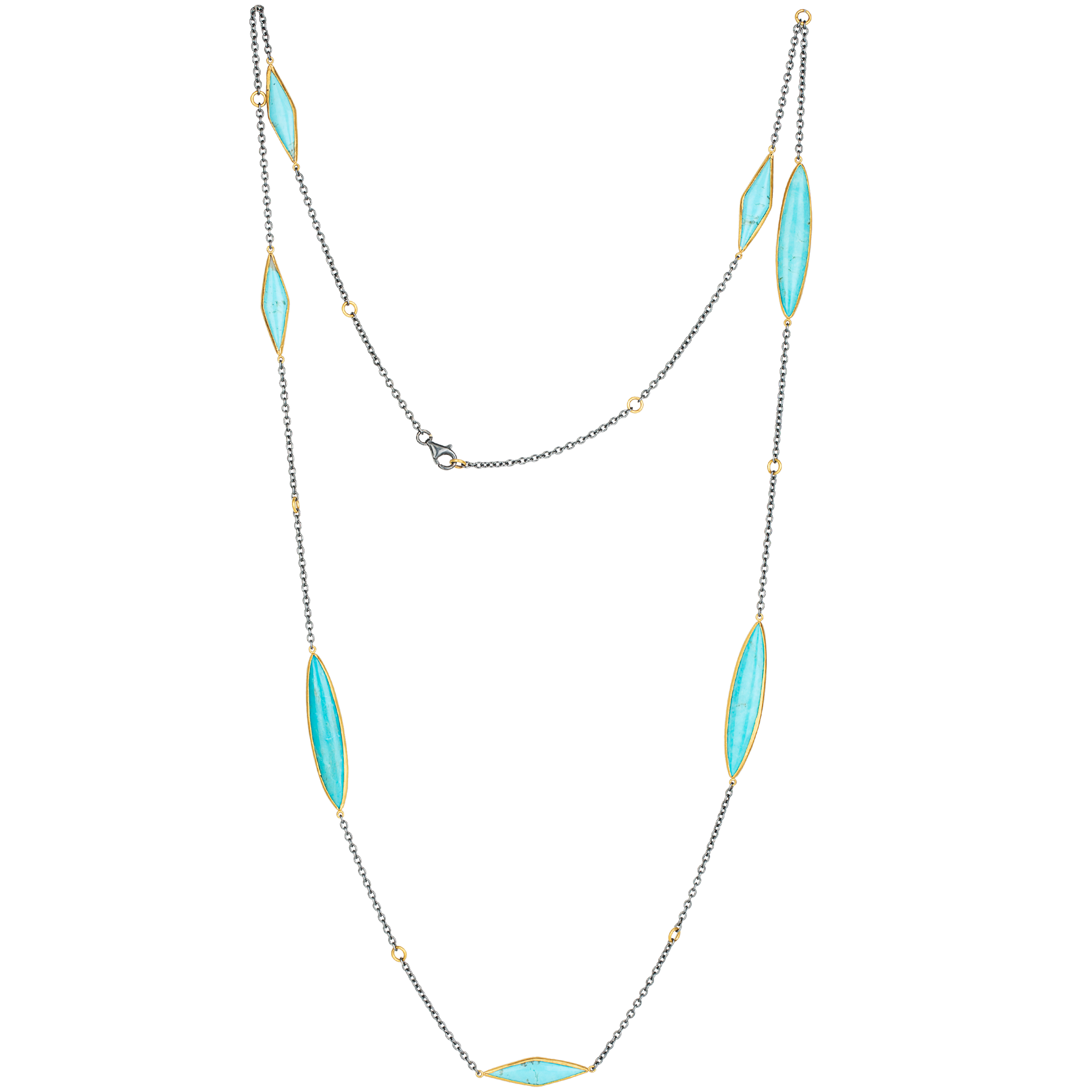 Lika Behar "Kara" Necklace with Marquise Kingman Turquoise Silver 24K Gold 38"