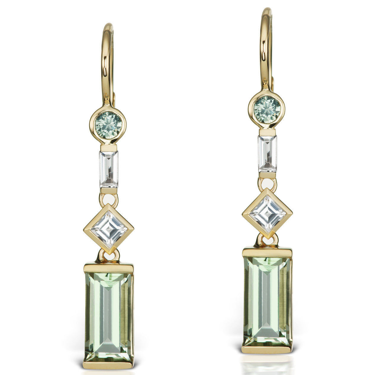 Jane Taylor Cirque Yellow Gold Earrings with Green Quartz, Sapphire & White Topaz