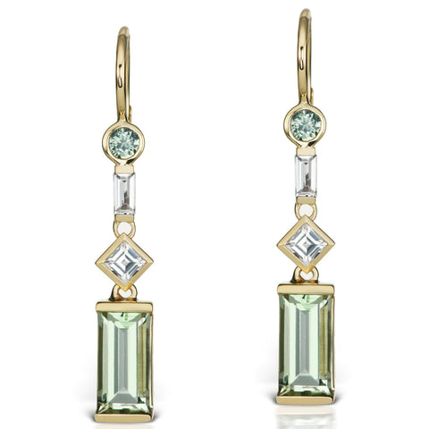 Jane Taylor Cirque Yellow Gold Earrings with Green Quartz, Sapphire & White Topaz