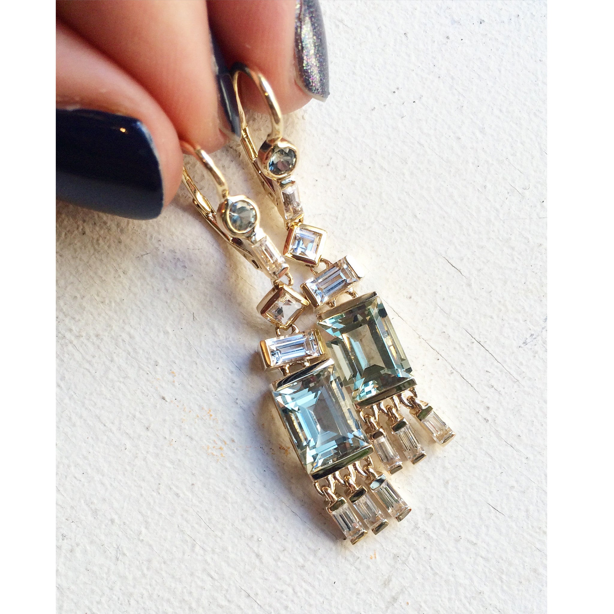 Jane Taylor Cirque Tassel Yellow Gold Earrings Green Quartz White Topaz stamford ct