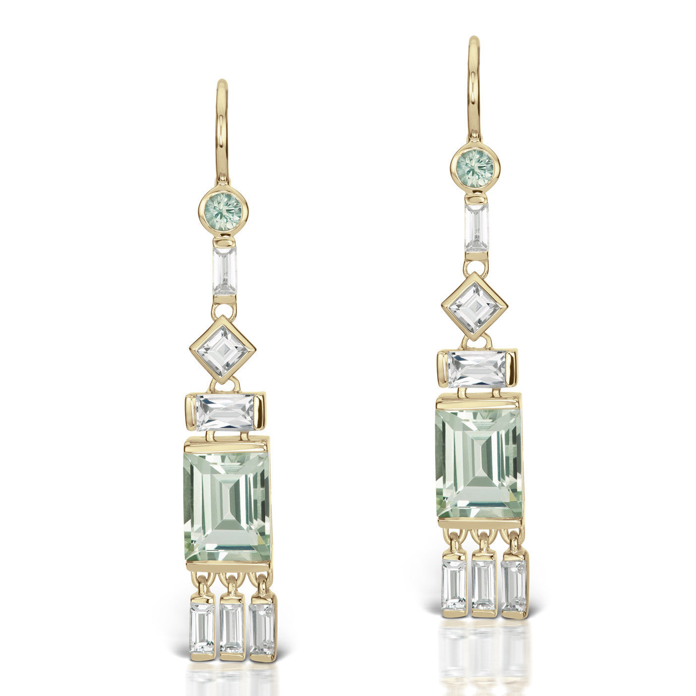 Jane Taylor Cirque Tassel Yellow Gold Earrings with Green Quartz & White Topaz