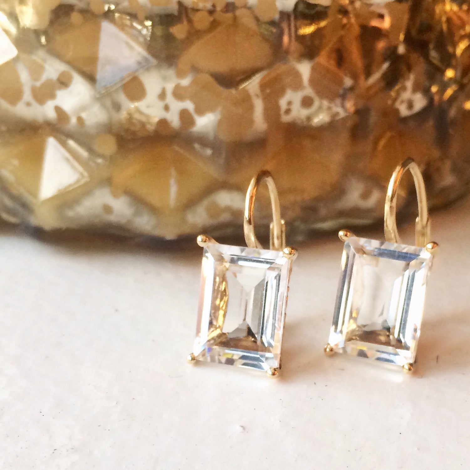 Jane Taylor Rosebud Square Step Cut White Topaz Rose Gold Drop Earrings