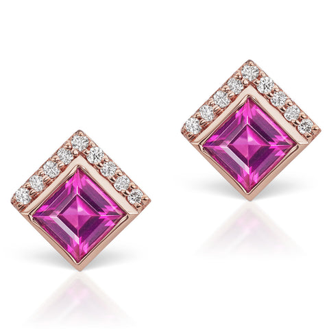 Jane Taylor Cirque Square 14K Rose Gold Stud Earrings Rhodolite Garnet & Diamonds