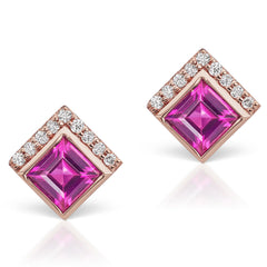 Jane Taylor Cirque Square 14K Rose Gold Stud Earrings Rhodolite Garnet & Diamonds