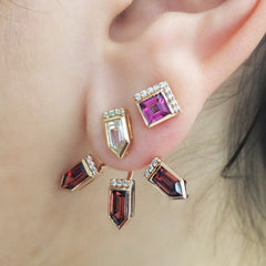 Jane Taylor Cirque Square 14K Rose Gold Stud Earrings Rhodolite Garnet & Diamonds