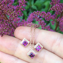 Jane Taylor Cirque Square 14K Rose Gold Stud Earrings Rhodolite Garnet & Diamonds