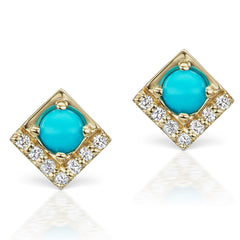 Jane Taylor Cirque Square 14K Yellow Gold Stud Earrings Turquoise & Diamonds