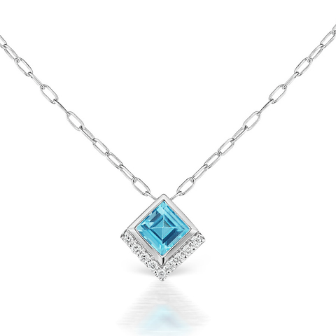 Jane Taylor Cirque Petite Square Blue Topaz Necklace Pendant 14K White Gold