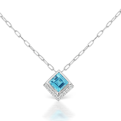 Jane Taylor Cirque Petite Square Blue Topaz Necklace Pendant 14K White Gold