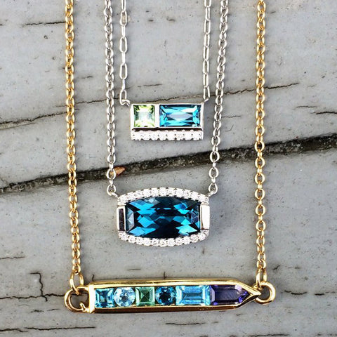 Jane Taylor Cirque Petite 2-Stone Necklace Blue Topaz & Green Tourmaline Yellow Gold