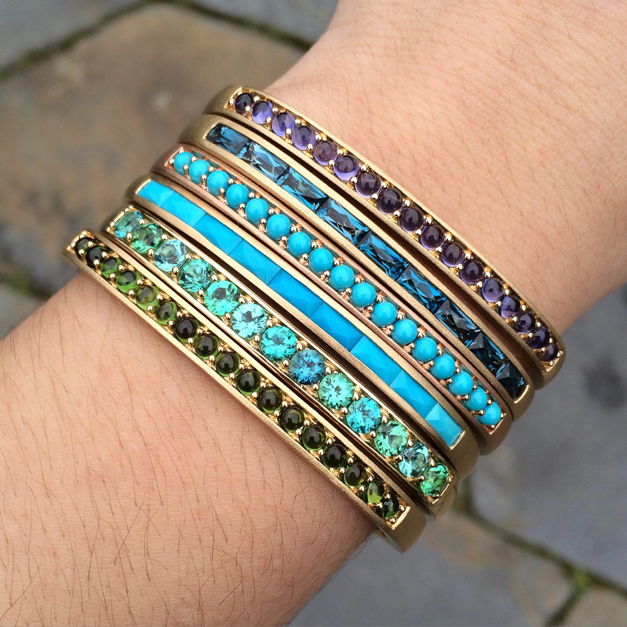 Jane Taylor Hinged Cirque Cuff Bracelet with Turquoise Cabochons 14K Rose Gold