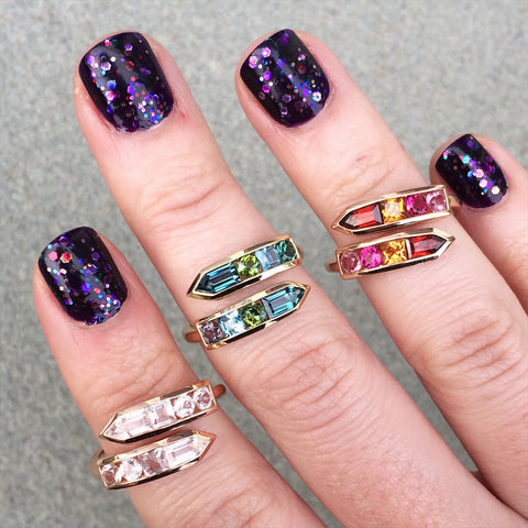 Jane Taylor Cirque Arrow Bypass Ring London Blue Topaz, Green Tourmaline in Rose Gold