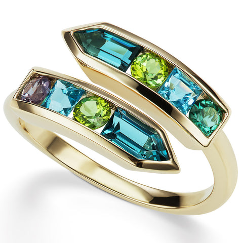 Jane Taylor Cirque Arrow Bypass Ring London Blue Topaz, Green Tourmaline in Rose Gold